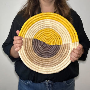 14" Yellow, Tan and Grey Handwoven Basket from Uganda